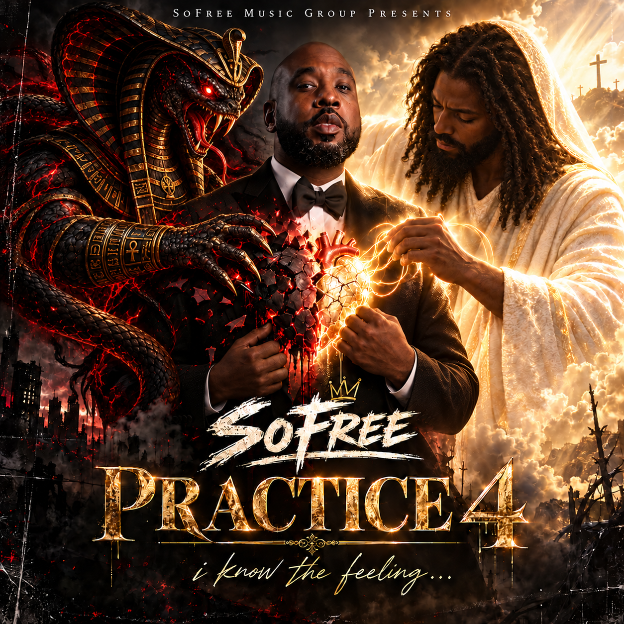 Practice 4 original cover: SoFree between the snake figure and Jesus, with i know the feeling… lettering