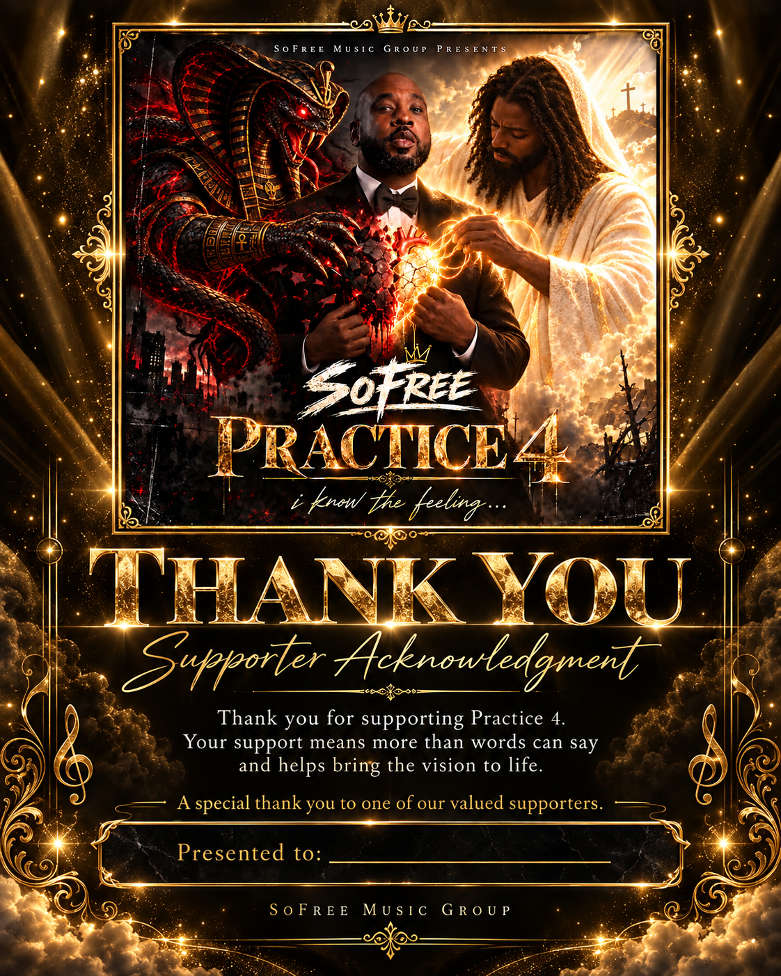 Gold Practice 4 supporter acknowledgment card with original cover artwork and thank-you message